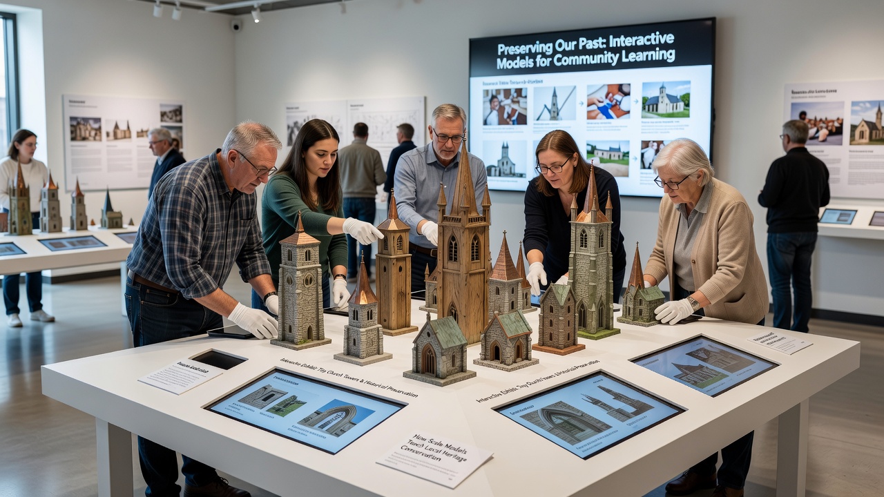 Students gathered around a detailed miniature church tower during a preservation workshop, pointing at specific architectural features under guidance from exhibit facilitators