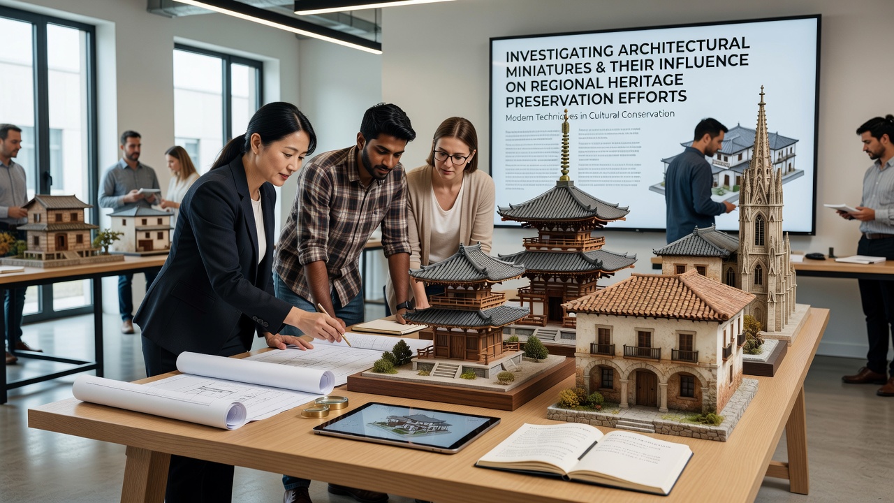 Scale model of a regional heritage district positioned alongside measurement tools during a preservation assessment