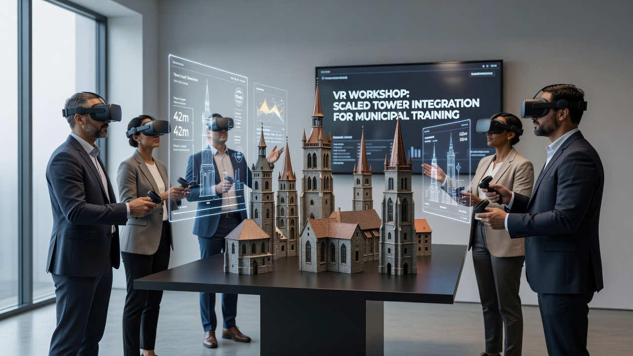 Group of municipal planners using VR headsets while referencing physical church tower models during a sustainable development workshop